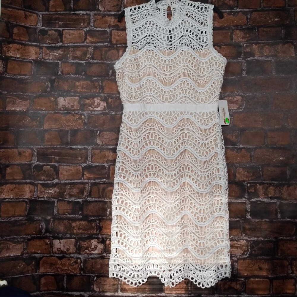White/Nude Sleeveless Lace Eyelet Dress sz L